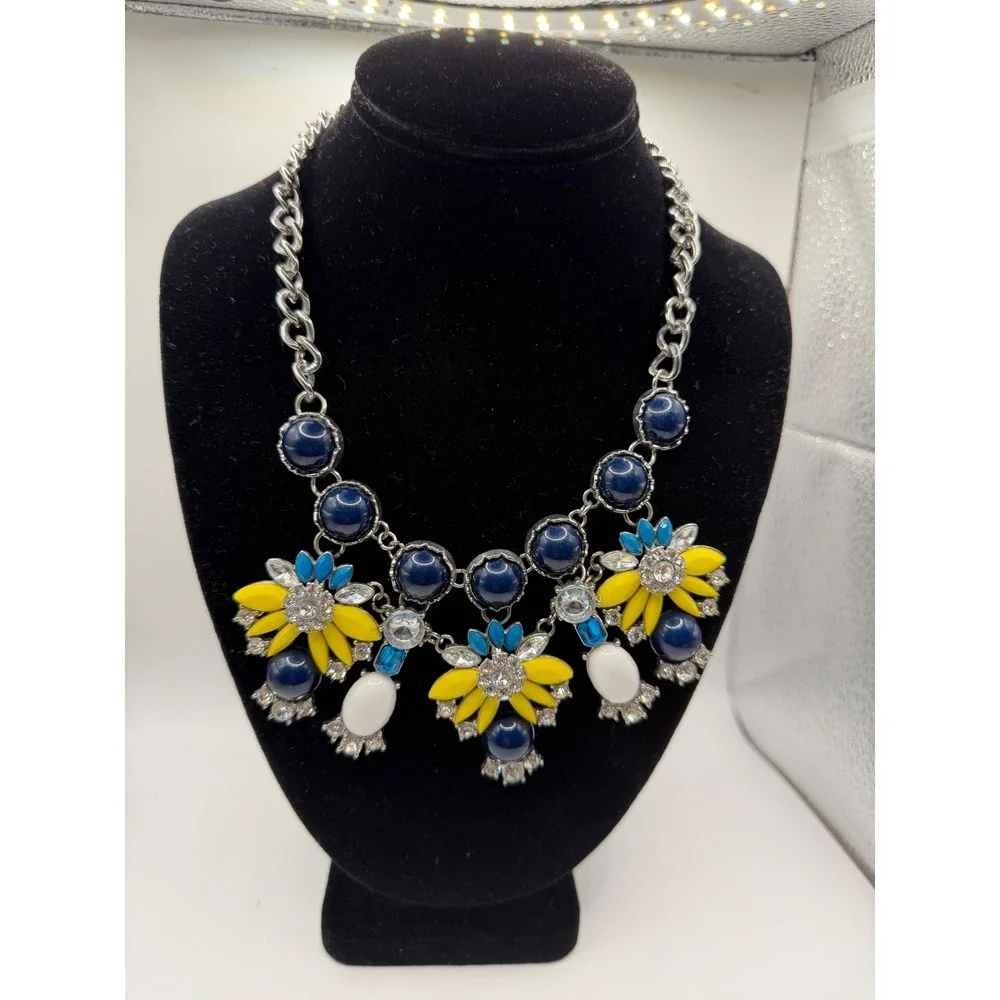 Charming Charlie Floral‎ Bib Necklace Navy Blue Yellow Silver Tone Statement